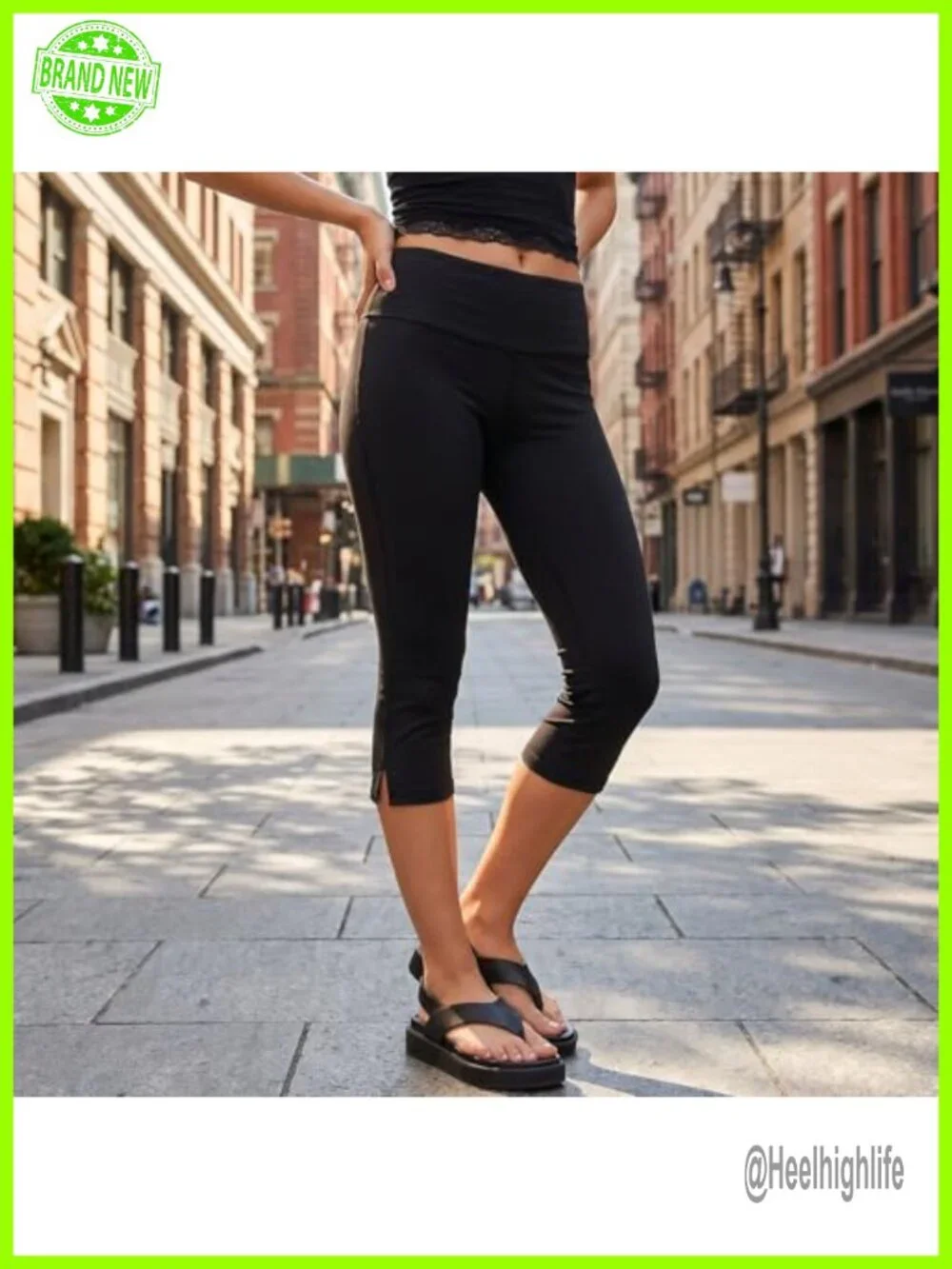 Y2K Capri Leggings High Waist Fold Over Side Slit Stretch Lounge Yoga